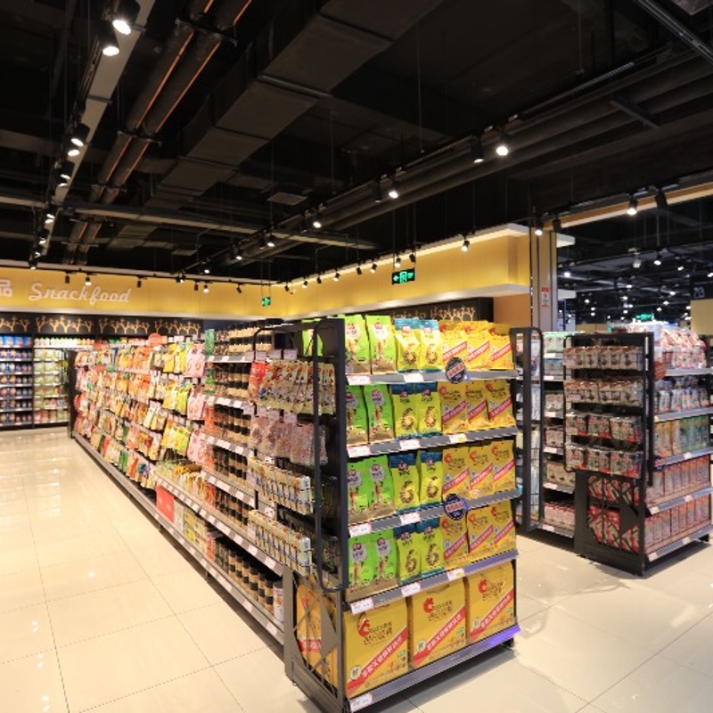 Custom heavy-duty metal shelving for grocery stores, double-sided retail display, large supermarket shelving.