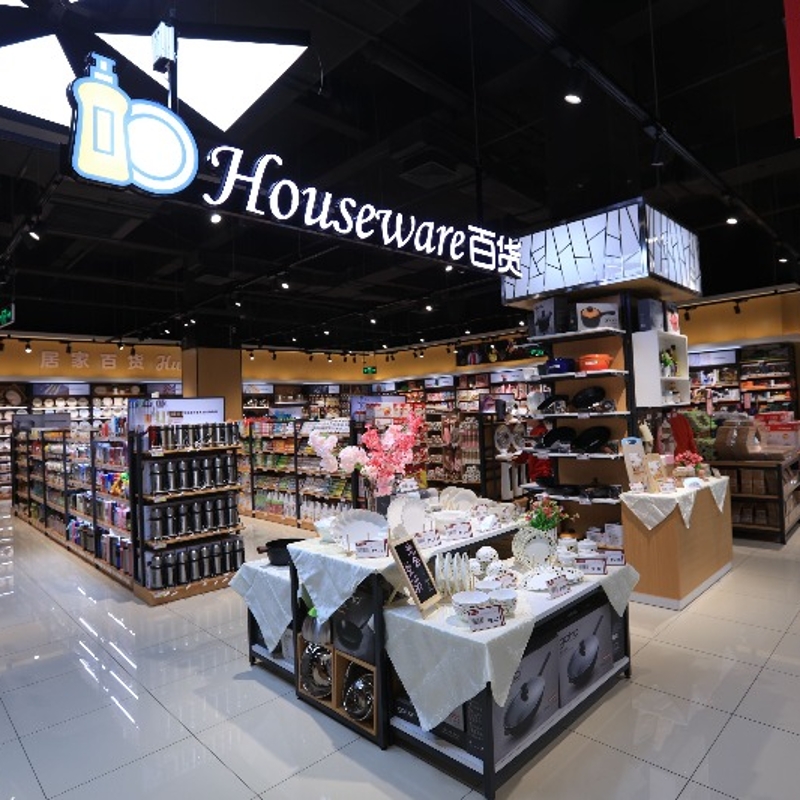 Custom heavy-duty metal shelving for grocery stores, double-sided retail display, large supermarket shelving.