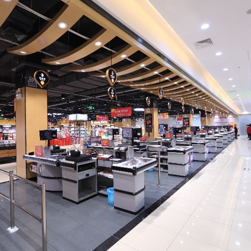 Custom heavy-duty metal shelving for grocery stores, double-sided retail display, large supermarket shelving.